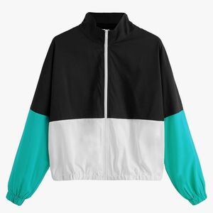 Women's Casual Color Block Drawstring Hooded Windbreaker Jacket